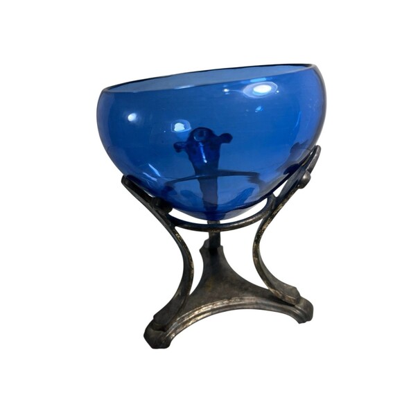 VTG Cobalt Blue Glass Pedestal Compote Apothecary Jar Hand Blown Silver Overlay - Picture 10 of 16